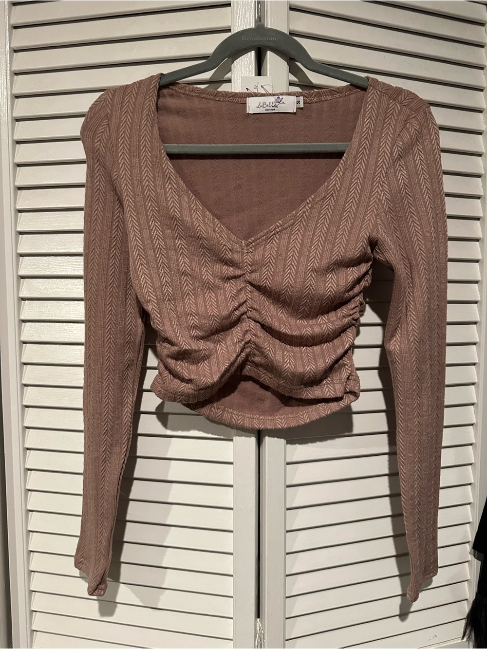 Mauve Brown Ruched V-Neck Long Sleeve Crop Top and Pant Set